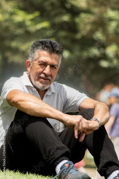 Fototapeta Handsome man with white beard in the park with facial expression, green, Adult