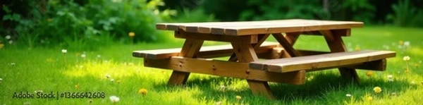 Obraz Rustic wooden picnic table with attached benches , rural, dining, setting