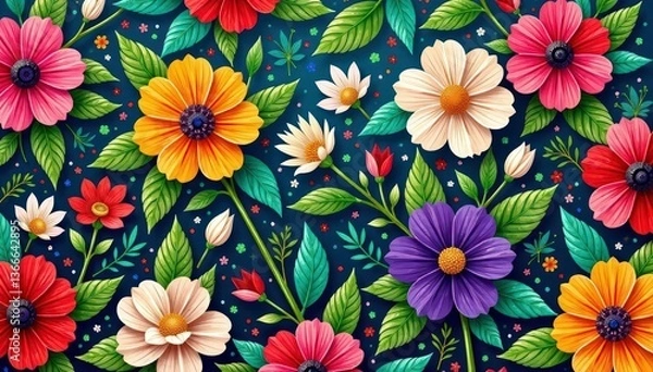 Fototapeta Intricate floral pattern, vibrant blooms & leaves, stylish, blossom, summer