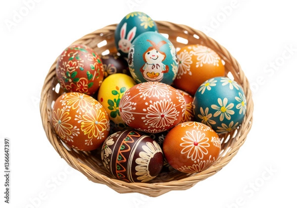 Fototapeta A wicker basket filled with a variety of decorated easter eggs in different colors and patterns close up view