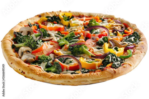 Fototapeta Colorful veggie pizza with bell pepper, broccoli, and mushroom toppings isolated on transparent background