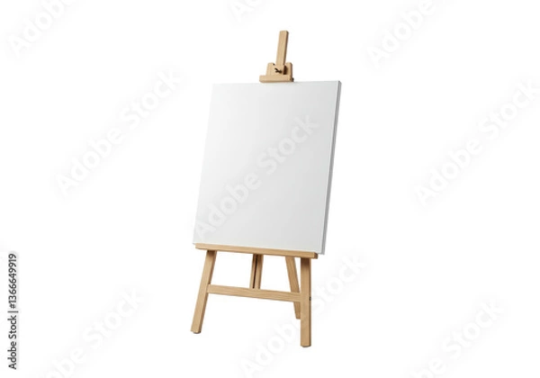 Fototapeta A blank white canvas on a wooden easel stands against a stark black background ready for artistic creation