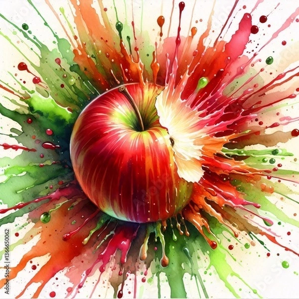 Fototapeta Watercolor Red Apple Bite Explosion