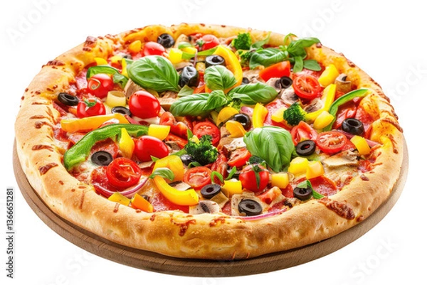 Fototapeta Vibrant veggie pizza with colorful toppings on wooden base isolated on transparent background