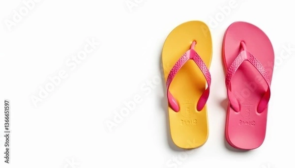 Fototapeta Pair of flip-flops isolated on white, different colors, vibrant, studio