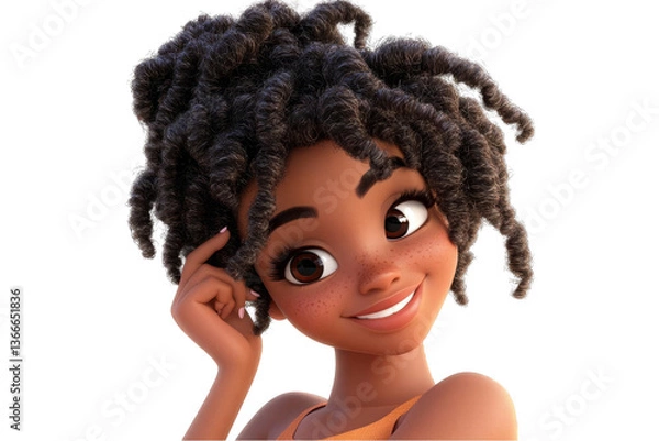 Obraz 3D Rendering Portrait of a Young Black Woman Smiling with Curly Hair