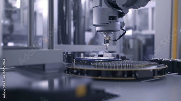 Fototapeta A robotic arm in a cleanroom facility, assembling semiconductor chips with AI precision for high-performance computing, Tech-tech style