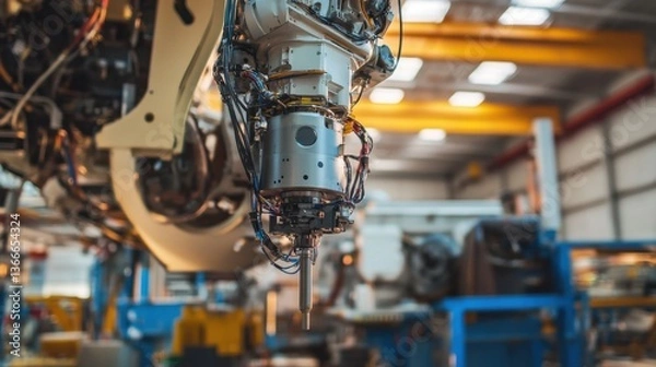 Fototapeta A robotic arm in a cutting edge aerospace facility, assembling rocket fuel systems with AI precision for space missions, Space-tech style