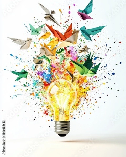Fototapeta Vibrant light bulb bursting with colorful paint splashes and origami birds, symbolizing creativity and innovation
