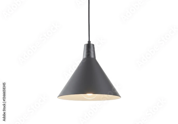 Fototapeta A single gray pendant light fixture hanging from the ceiling in a dark room with a modern design style