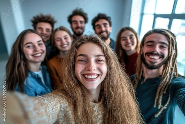 Fototapeta A fun scene of a diverse group of colleagues taking a humorous selfie during a virtual meeting, with genuine smiles and a softly blurred office backdrop