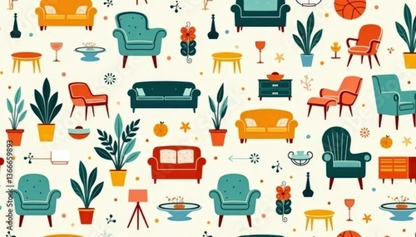 Fototapeta Stylish repeating pattern of stylized furniture silhouettes and home decor elements , chic, design, living