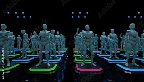 Fototapeta a group of humanoid robots on a reality show qualifying round, winners and losers