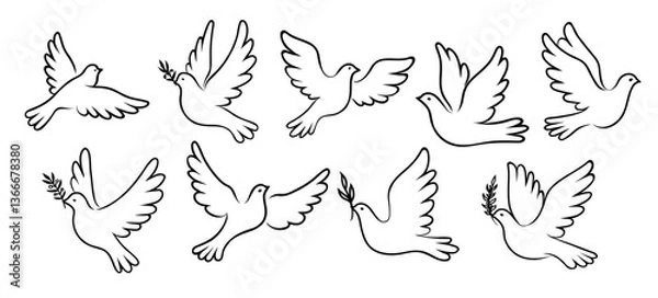Fototapeta Christmas dove bird silhouettes, white pigeons with peace branch. Vector set of black and white linear doves, some carrying olive twigs, represent peace, freedom, love and spirituality in religion