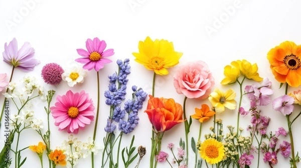 Obraz A colorful arrangement of various blooming flowers on white background