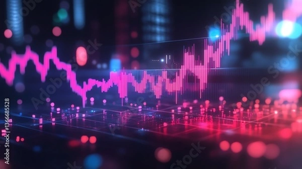 Fototapeta Forex trading graph with neon candlestick chart on dark bokeh background 3D Rendering