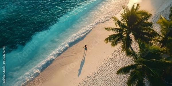 Fototapeta A drone photo of the beach in Goa. Gothic Aerial View, tropical vibes, a woman walking on the sand with footprints.