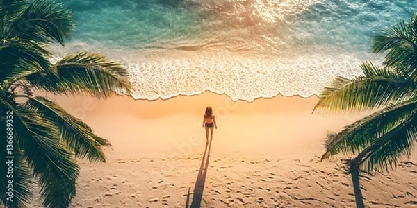 Obraz A drone photo of the beach in Goa. Gothic Aerial View, tropical vibes, a woman walking on the sand with footprints.