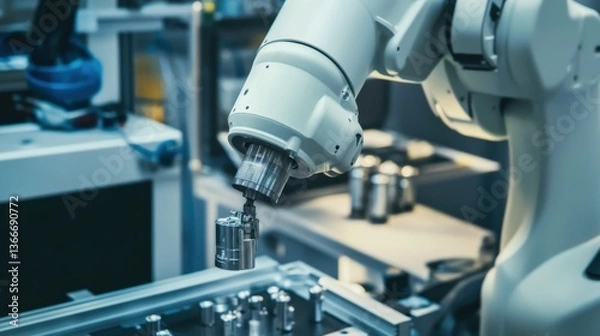 Obraz A robotic arm in a precision aerospace workshop, assembling lightweight titanium parts for spacecraft with robotic accuracy, Aerospace-tech style