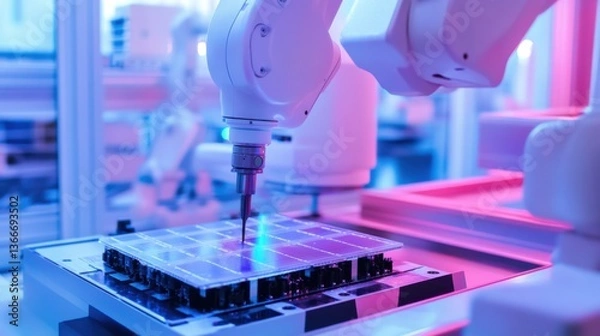 Fototapeta A robotic arm in a semiconductor fabrication plant, assembling wafer-lithography systems for advanced processors with AI precision, Electronics-tech style