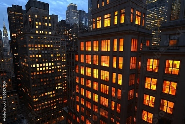 Fototapeta High angle view of several illuminated urban skyscrapers at night