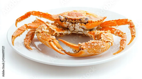 Fototapeta Crispy and golden deep fried soft shell crab served on white plate, showcasing its vibrant orange color and intricate details, perfect for seafood lovers