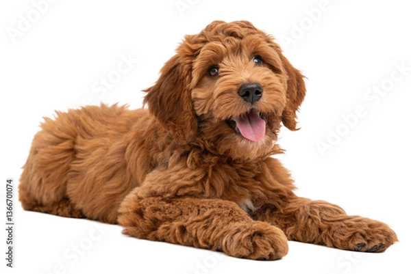 Obraz Adorable red Cobberdog aka Labradoodle dog puppy, laying down facing front. Looking straight to camera, tongue out- Isolated on a transparent  background - generated by ai