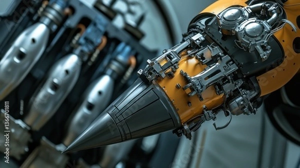 Obraz A robotic arm in an advanced aerospace lab, assembling precision rocket components with AI-driven accuracy for space exploration, Space-tech style