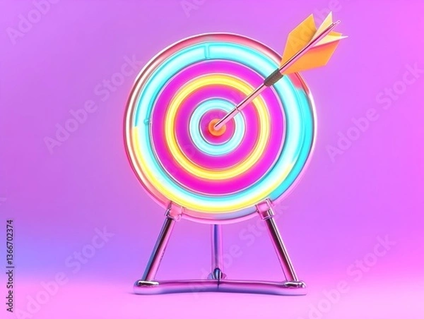 Fototapeta A colorful neon target with an arrow in the center, set against a pastel purple background. The scene is illuminated by soft light and features a gradient effect that adds depth to the composition.