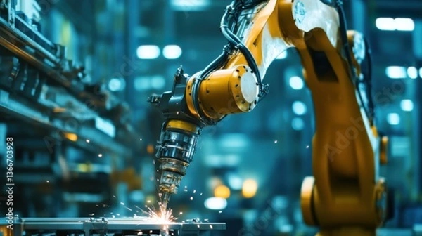 Obraz A robotic arm in an advanced autonomous shipyard, assembling AI-driven cargo ships with energy-efficient hull designs, Marine-tech style