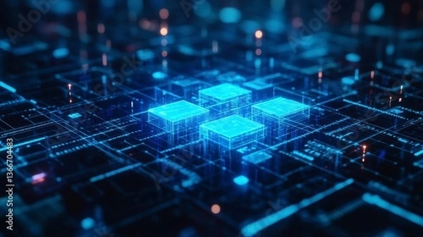Fototapeta Abstract Digital Background with Glowing Blue Blocks and Grids