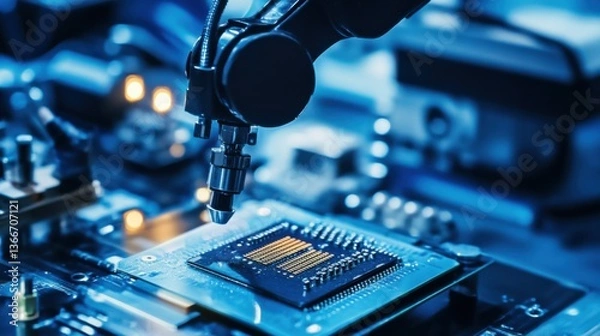 Obraz A robotic arm in an advanced laboratory for artificial intelligence, assembling neural network processors with micro-precision for AI development, AI-tech style