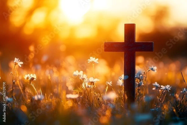 Fototapeta Silhouette of a wooden cross on a meadow at sunset, with copy space. An Easter concept background. Soft focus and a bokeh effect create a dreamy atmosphere. Photorealistic.