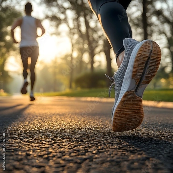 Fototapeta A close-up of the running shoes and legs, with a blurred park background at sunrise. A person is seen in motion on an asphalt path, wearing black leggings and gray sneakers, running towards another ru