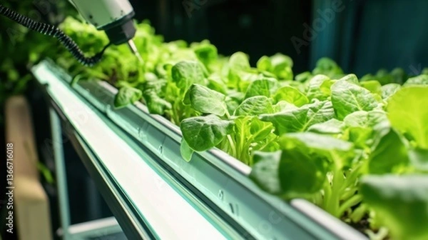 Fototapeta A robotic arm in an AI powered vertical hydroponic farm, monitoring plant growth and optimizing nutrient delivery, Agri-tech style