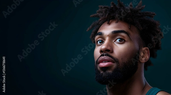 Fototapeta Portrait of a Sweaty Man with Dark Hair and Beard Against a Dark Background