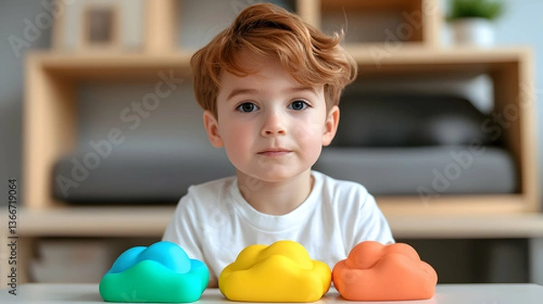 Fototapeta Portrait of a Toddler Boy Playing with Colorful Cloud Toys