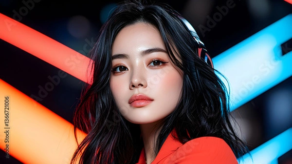 Fototapeta Portrait of a Woman in Red Jacket with Neon Lights Background