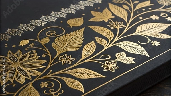 Fototapeta A close-up shot reveals a detailed and elegant gold floral design imprinted or embossed on a dark surface, possibly paper, leather, or fabric. 