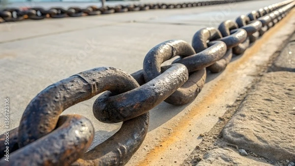 Fototapeta The image features a close-up of a heavy-duty metal chain lying on a concrete surface. 