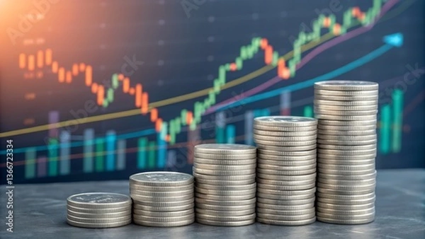 Fototapeta The image depicts stacks of coins arranged in an ascending pattern, symbolizing growth and investment. 
