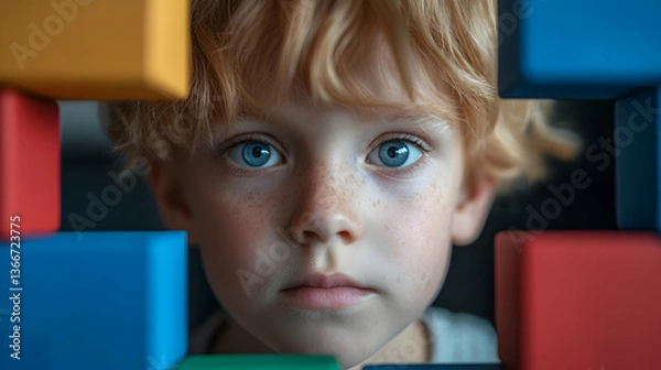 Fototapeta Portrait of a Young Boy with Blue Eyes and Freckles Surrounded by Colorful Blocks
