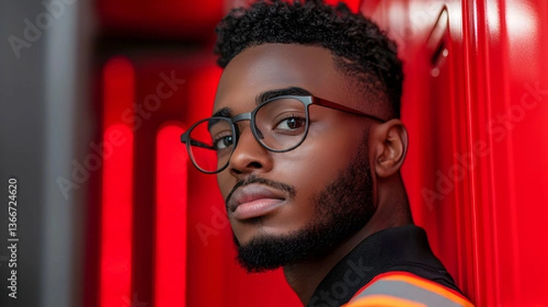 Fototapeta Portrait of a Young Man with Glasses Against a Red Background