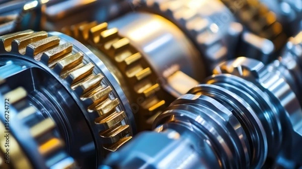 Fototapeta A mechanical gear assembly covered in lubricant, reflecting industrial efficiency.