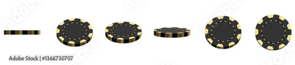 Fototapeta 3D rendering of a black and gold poker chip at different angles