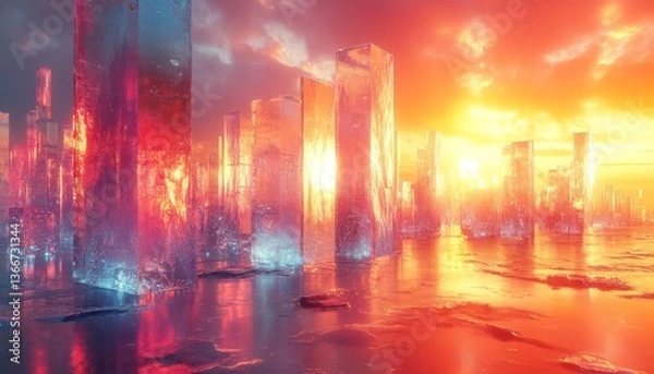 Fototapeta Floating metallic shapes in futuristic glowing gradient environments