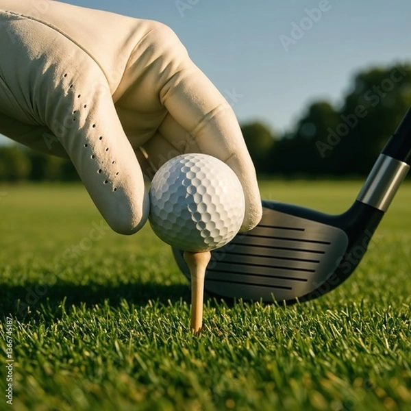 Obraz A golfer steadies a white golf ball on a tee, dressed in a glove, ready to swing. The driving range glistens under the warm sun, exuding energy and potential.