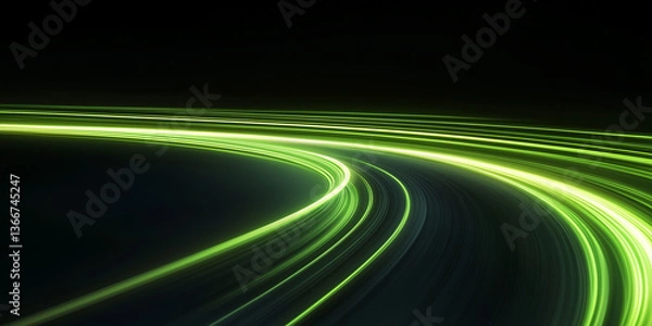 Obraz green gradient speed light motion blur effect on black background,blank green speed glowing lines for design banner poster wallpaper with copy space