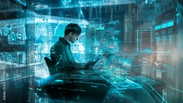 Fototapeta A blockchain researcher working on AI powered solutions for real time crypto mining performance monitoring, futuristic mining facility with live performance data, High-tech style