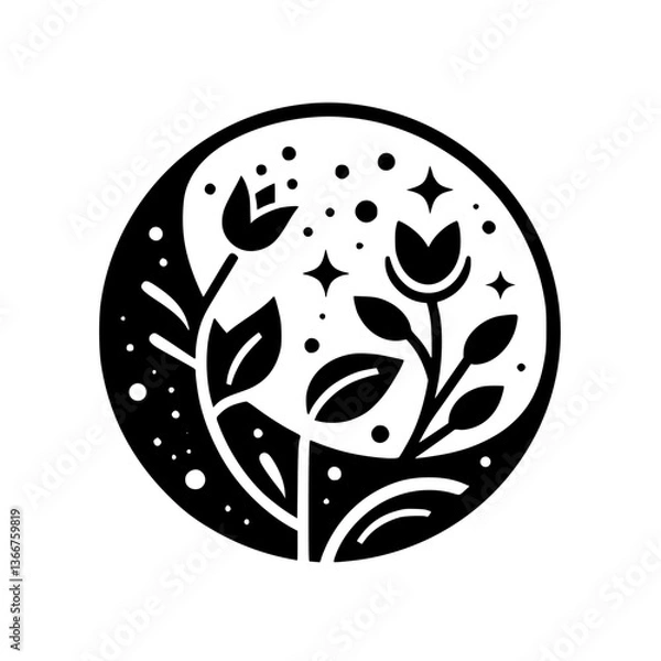 Obraz Celestial Bloom: Black & White Floral Emblem
